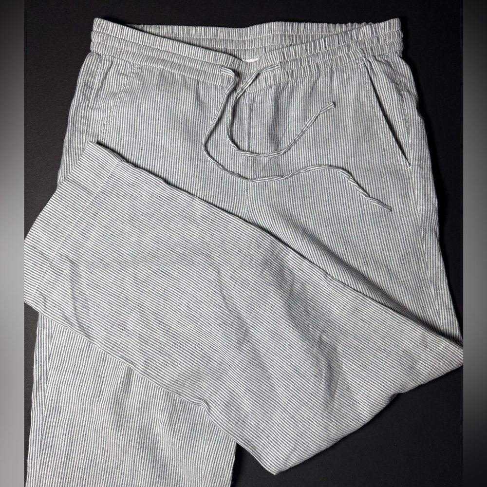Talbots Petite 6 Linen Cotton pinstripe pull-on pants gray white coastal.